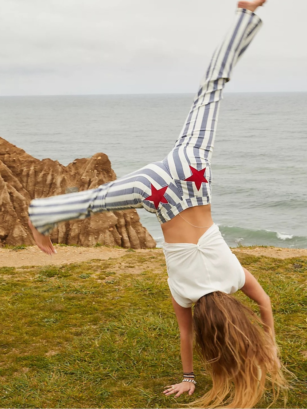 Free People Blue & White Striped Flare Jeans with Red Star Back Patches - Picture 7 of 8